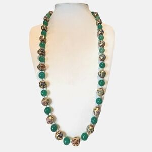 Vintage Gold Tone Chinese Champleve Cloisonne Enamel Jadine Beads Necklace